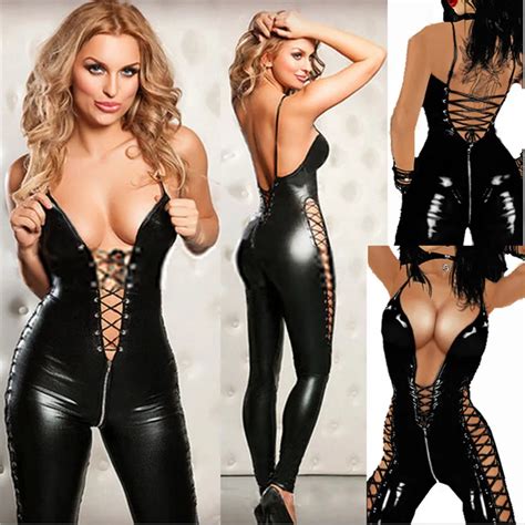Sexy Lingerie Women Black Pvc Leather Bodysuit Zipper Open Crotch Jumpsuit Clubwear Sex Dancing
