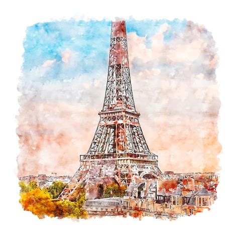Torre Eiffel París Francia Acuarela Dibujo Dibujado A Mano Ilustración