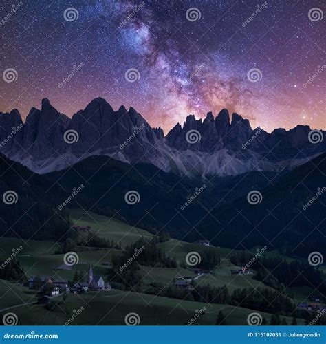 Milky Way Over Santa Maddalena In Dolomites Italy Stock Image Image