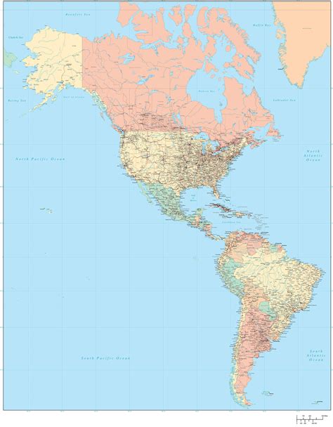 North And South Americas Map With Railroads Poster Size High Detail