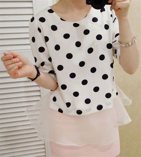 [miamasvin] polka dot blouse with chiffon hem kstylick latest korean fashion k pop styles