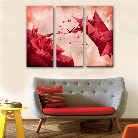 Free Shipping E Home Red Origami Clock In Canvas 3pcs Wall Clock