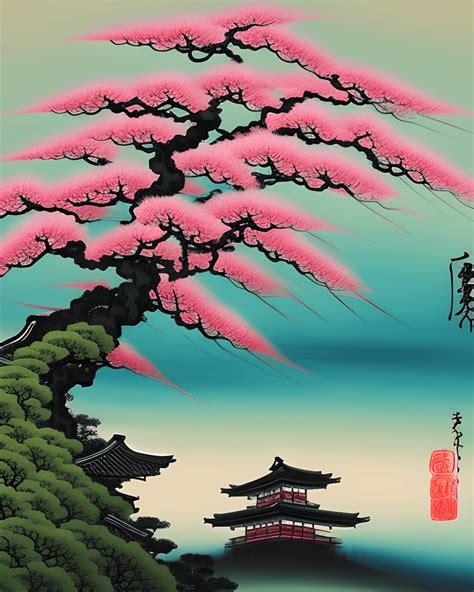 Sakura Tree On A Hill Overlooking Clouds Japanese Art Style · Creative