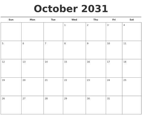 October 2031 Free Calendar Template