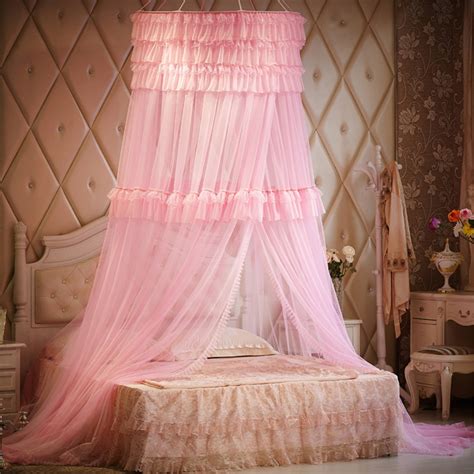 Luxury Romantic Pink Princess Three Layers Of Lace Round Curtain Dome Bed Canopy Netting