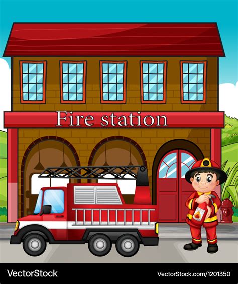 A Fireman With Fire Truck In Fire Station Vector Image