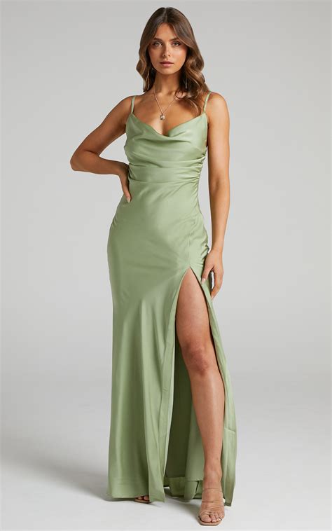 Emerald Green Satin Dress Satin Maxi Dress Cowl Neck Dress Lulus