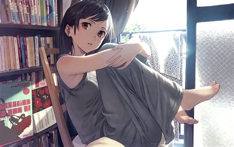 Download 2500x1580 Beautiful Anime Girl Room Bookshelf Gray Dress