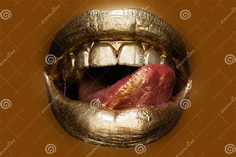 tongue licking lips gold female golden lips sensual lips mouth stock image image of