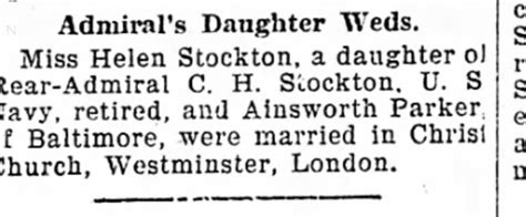 Admirals Daughter Married Ainsworth Parker Son Of Minister In London