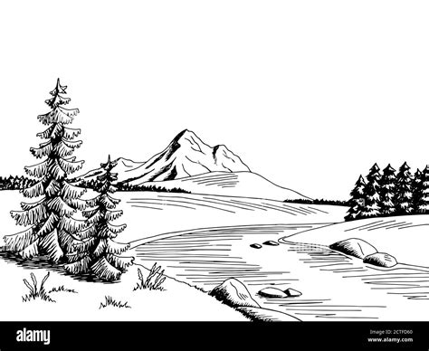 Mountain River Graphic Art Black White Landscape Sketch Illustration