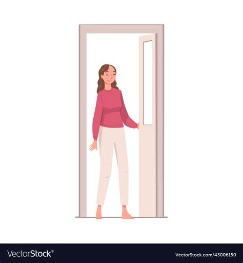 Woman Character At The Door Opening It Entering Vector Image