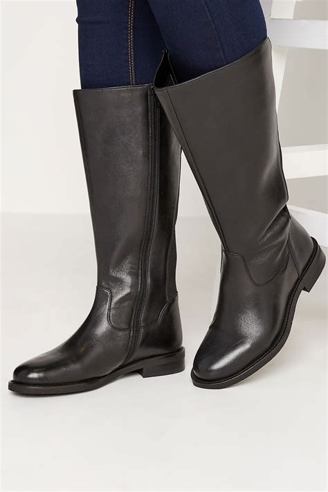 Black Elasticated Knee High Leather Boots In Wide E Fit And Extra Wide