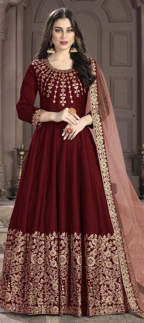 Party Wear Reception Red And Maroon Color Art Silk Silk Fabric Salwar