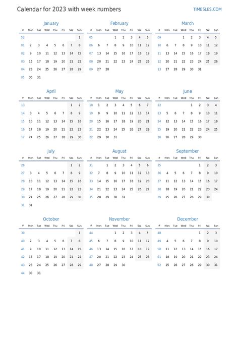 2023 Calendar With Week Numbers Printable Calendar 2023