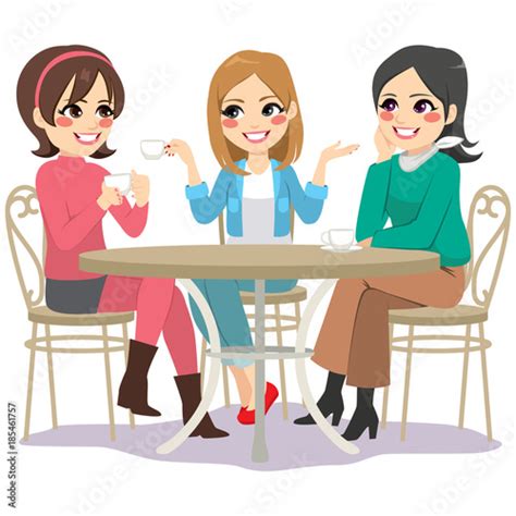 Three Beautiful Young Women Friends Having Coffee Sitting At Cafe