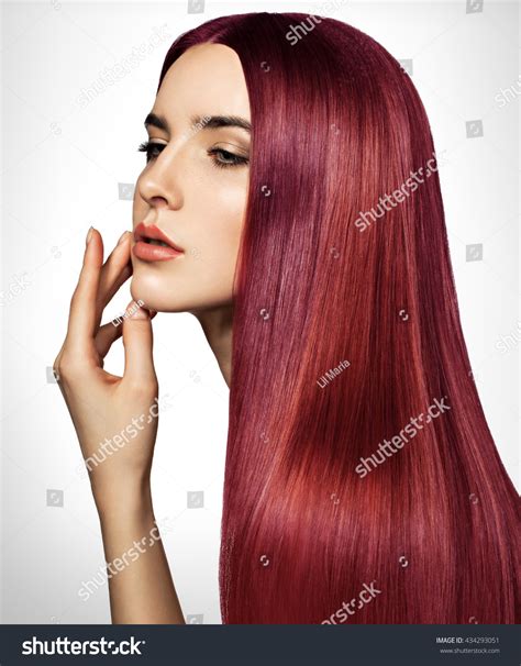 Beautiful Red Woman Long Healthy Straight Stock Photo