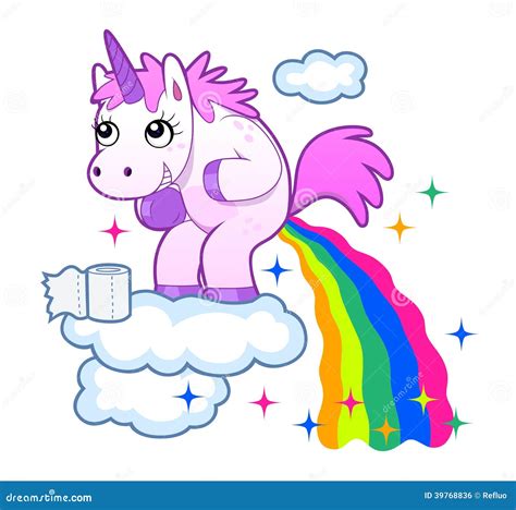 Unicorn Pooping Rainbows Fantastic Animal In Sky White Clouds Vector