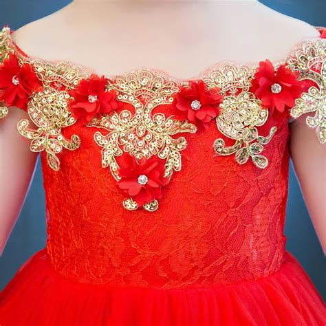 Shoulderless Flower Girl Dresses For Wedding Gold Appliques Holy