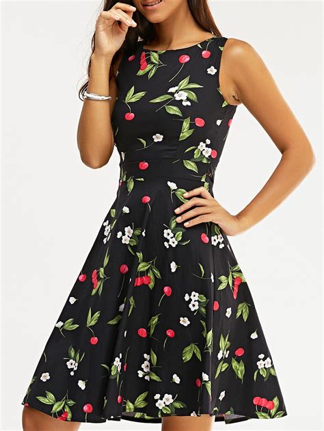 40 Off Vintage Sleeveless High Waist Cherry Print Womens Dress Rosegal