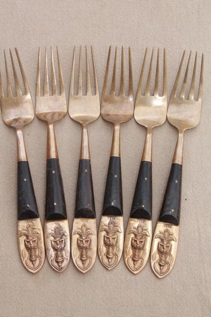 Siam Brass Flatware Set W Rosewood Or Teak Handles Mid Century Vintage Thailand