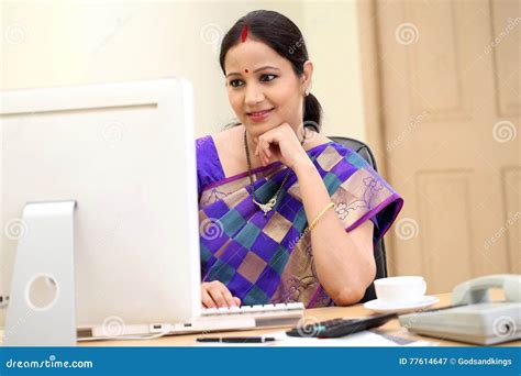 happy traditional indian business woman at office desk stock image image of manager human