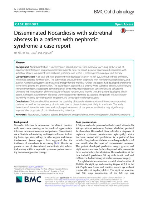 Pdf Disseminated Nocardiosis With Subretinal Abscess In A Patient