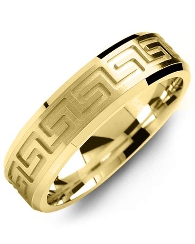 Mens Greek Pattern Beveled Edges Wedding Ring In Yellow Gold Regular 1
