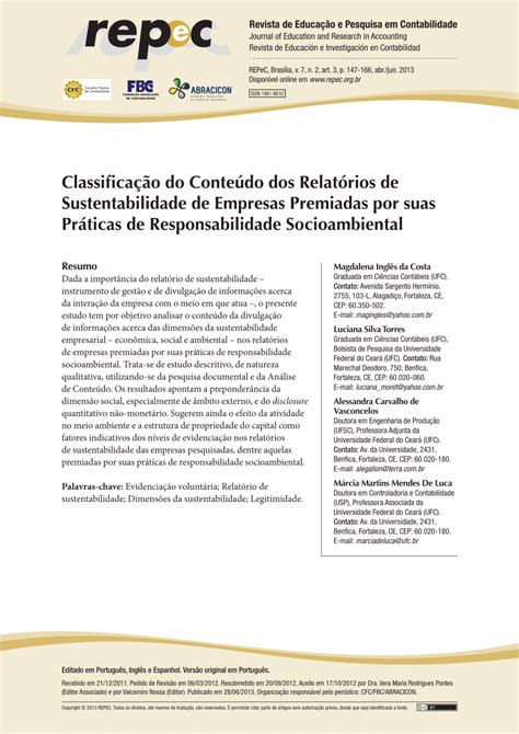 Pdf Classifica O Do Conte Do Dos Relat Rios De Sustentabilidade De Empresas Premiadas Por