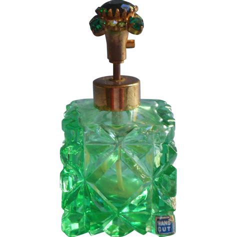 Vintage Cut Glass Perfume Bottle Green Jeweled Top From