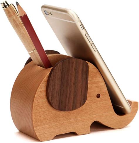 Hyfanstr Elephant Shape Phone Holder Wooden Pen Pencil Holder Cute