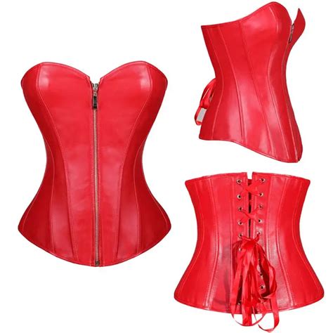 New Sexy Women Strapless Corselet Black Red Lace Up Back Corset Faux Leather Overbust Zipper