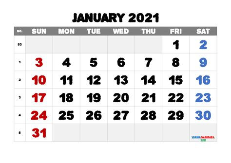 January 2021 Calendar Printable Template