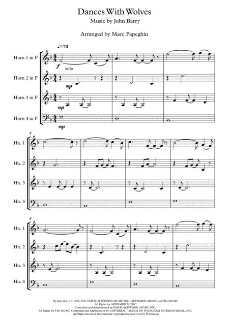 Dances With Wolves French Horn Quartet Free Music Sheet
