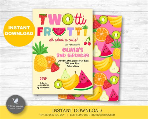 Twotti Frutti Invitation Instant Download Birthday Party Etsy