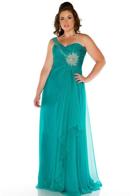 A Line One Shoulder Long Turquoise Chiffon Beaded Plus Size Evening