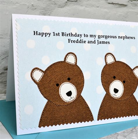 Bears Personalised Twin Boys New Baby Birthday Card By Jenny Arnott