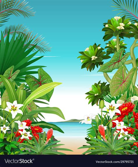 Beautiful Beach View With Tropical Plant Flower Vector Image