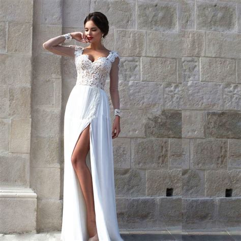 Sexy Split Long Sleeve White Lace Prom Dress Vestido De Festa Longo