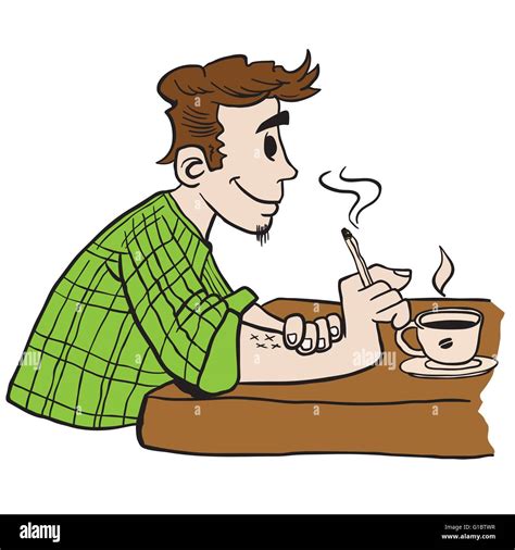 Man Smoking And Drinking Coffee Cartoon Illustration Stock