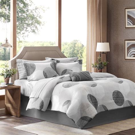King Size Modern 9 Piece Bed Bag Comforter Set With Grey Circles