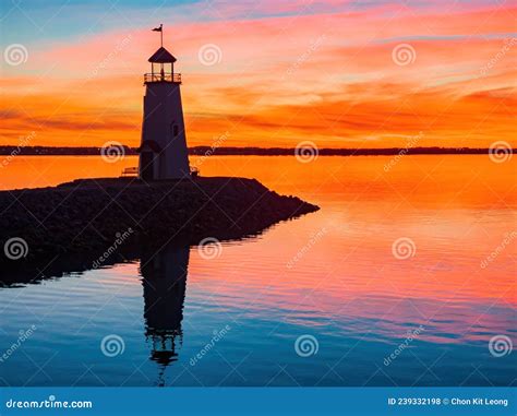 Sunset Beautiful Landscape Of The Lake Hefner Lighthouse Stock Photo