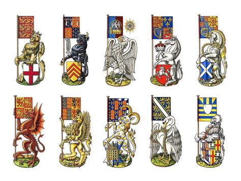 Various Heraldic Beasts Of England Wales And Great Brittain By The