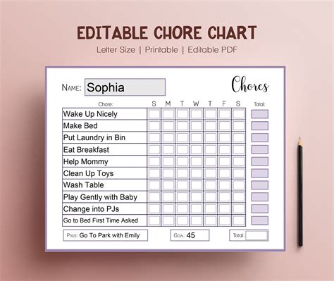 Girl Purple Child Chore Chart System Editable Pdf Printable Chore Chart