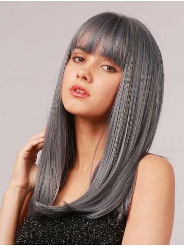 grey wig with highlights 16 inches straight synthetic bob wig with bangs heat resistant hair wig
