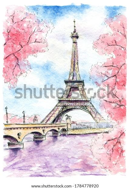 Eiffel Tower Paris Spring Blossom Hand Stock Illustration 1784778920