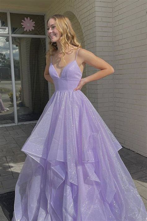Shiny V Neck Fluffy Purple Long Prom Dress Long Purple Formal Evening Abcprom In 2021