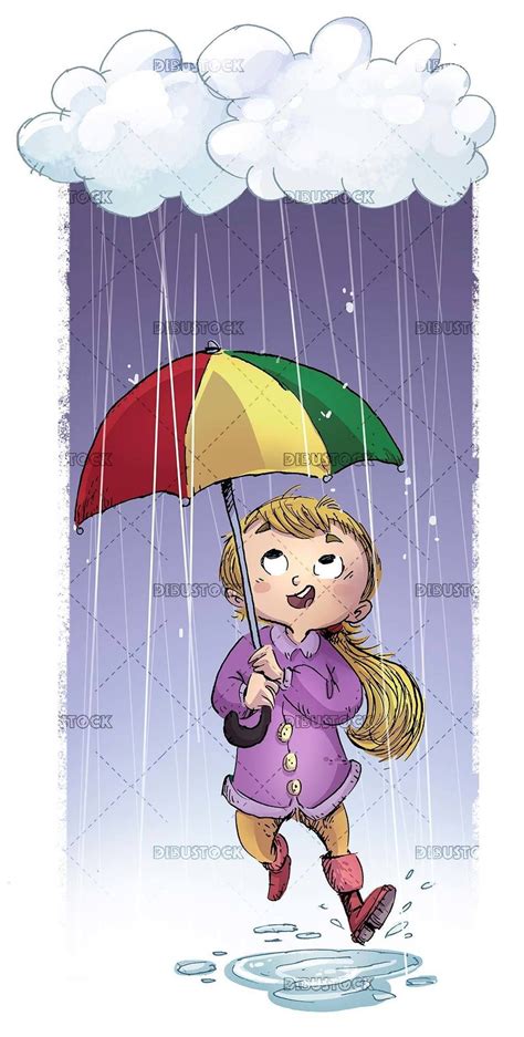 Girl With Umbrella Walking Under The Clouds While It Rains