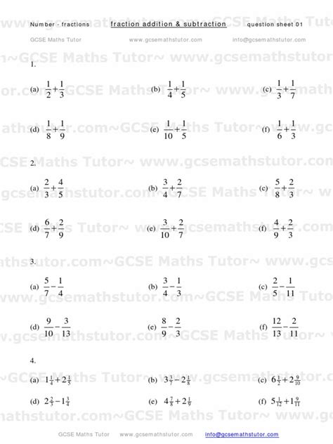 Fraction Addition And Subtraction Worksheet From Gcse Maths Tutor