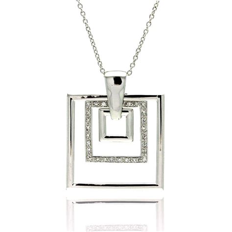 Sterling Silver Clear Cz Rhodium Plated Multi Square Pendant Necklace